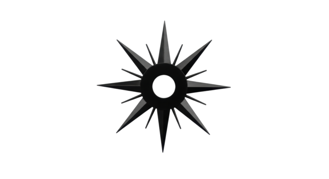 Isolated starburst shape, decorative sunburst, dark geometric design with center hole