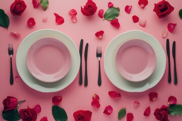 Elegant table setting for a romantic dining experience with roses and petals