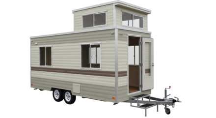Isolated mobile home on wheels with tower, ready for moving and travel on road