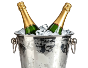 Two champagne bottles in a silver bucket filled with ice (1)