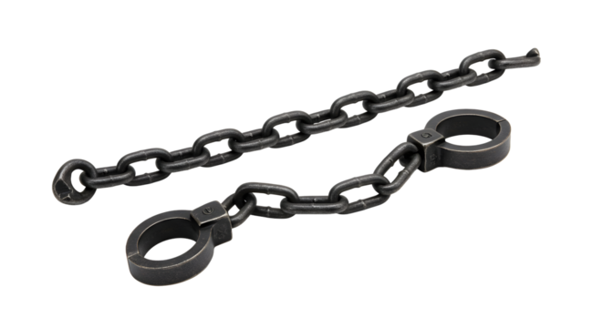 Antique metal chain and shackles, heavy duty industrial or historical artifact, strong connection concept, security symbol, vintage equipment detail