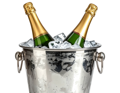 Two champagne bottles in a silver bucket filled with ice (1)