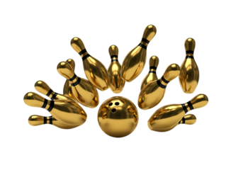 Luxurious golden bowling ball and pins arranged Isolated on transparent background ready to strike