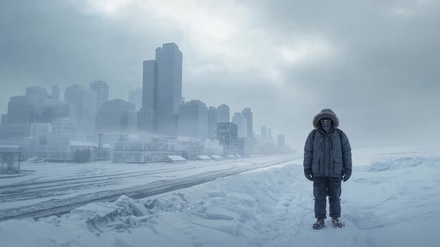 Emerging from right edge man in parka marching onto frozen shoreline to reach center with goggles