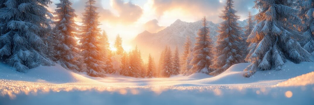 Stunning winter landscape with snow-covered trees and a bright sunset sky