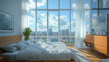 Bright bedroom w/ tall windows, city view, wooden furniture, white curtains, & a sunny day