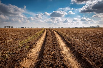 Plowed farmland field with tractor tracks under blue sky and clouds