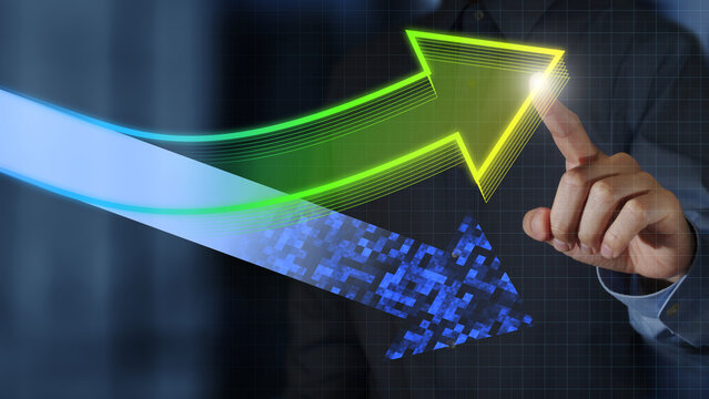 Business operational changes. Successful business turnaround and performance recovery. Businessperson tapping a rising arrow.