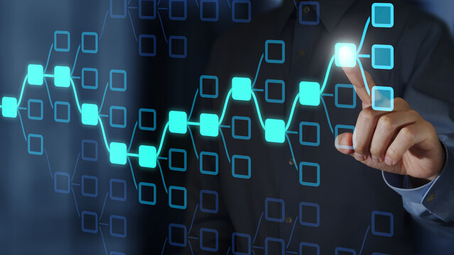 Decision tree diagram. Scenario analysis and strategic planning. AI and machine learning algorithms. Businessperson tapping the diagram. - Powered by Adobe