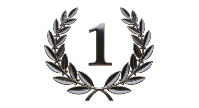 Isolated Metallic First Place Winner Number One Inside Laurel Wreath for Competition Success - Powered by Adobe