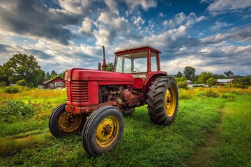 Fototapeta premium Old red farm tractor on grassy field with dramatic cloudy sky