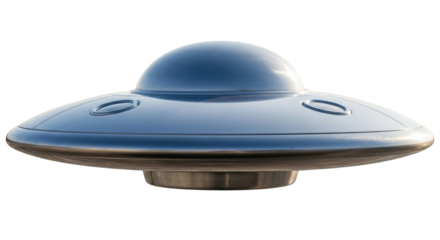 Isolated gleaming alien UFO spacecraft, disc-shaped flying saucer for extraterrestrial transport