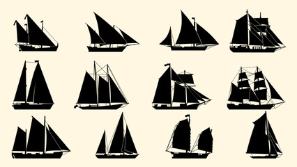 Silhouettes of various sailing ships and boats with different sail designs, showcasing maritime tradition, navigation, and nautical heritage.