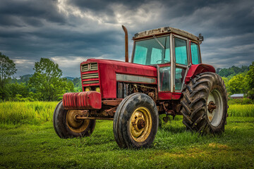 Obraz premium Old red farm tractor on grassy field with dramatic cloudy sky