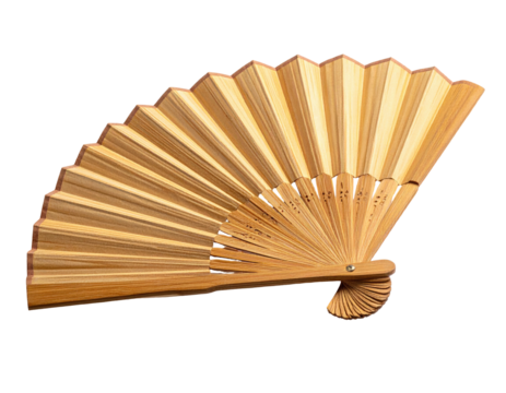Light brown folding fan, open, showcasing radiating panels