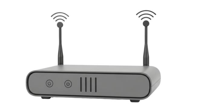 Isolated modern wireless router with antennas, power and activity lights, on a neutral stage