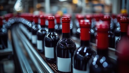 Rows of finished wine bottles move along a conveyor belt in a bottling facility, focus on one
