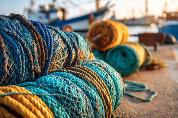 Colorful fishing nets and ropes rolled up on dock with boats in background