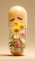 Obraz premium Bees and wildflowers preserved inside a transparent capsule