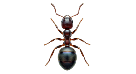 Isolated closeup of a carpenter ant, its dark exoskeleton and segmented body are highlighted