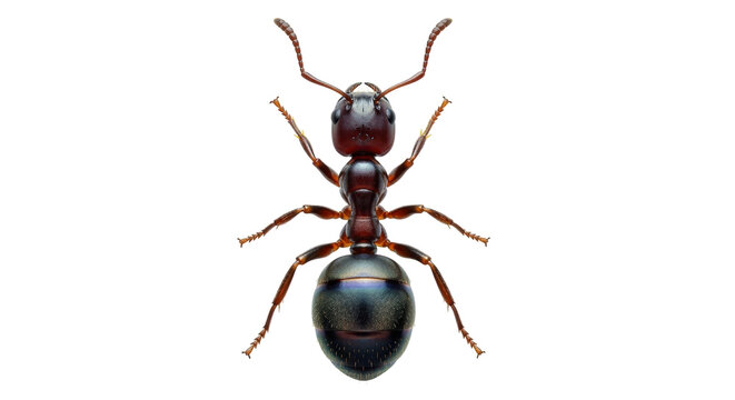 Isolated closeup of a carpenter ant, its dark exoskeleton and segmented body are highlighted