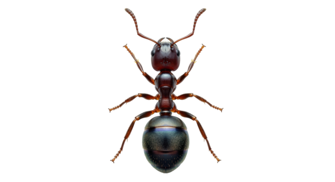 Isolated closeup of a carpenter ant, its dark exoskeleton and segmented body are highlighted