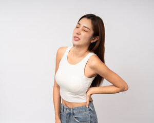 Asian woman has problem with structural posture She had neck and shoulder pain. She massaged her neck and shoulders for relief. reduce muscle tension. Unwell unhealthy on isolated white background