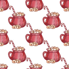 Hand drawn vintage seamless pattern of red mug with hot chocolate, marshmallow and candy cane isolated