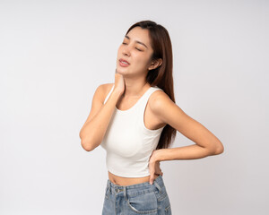 Asian woman has problem with structural posture She had neck and shoulder pain. She massaged her neck and shoulders for relief. reduce muscle tension. Unwell unhealthy on isolated white background