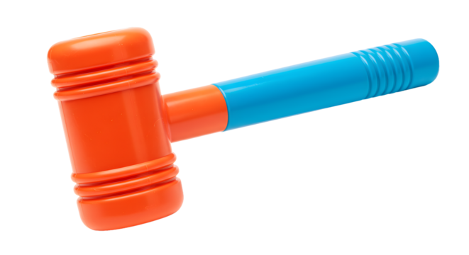 Vibrant orange and blue toy hammer, perfect for playful construction and creative building projects for children's imagination and development.