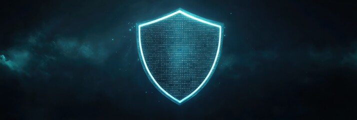 Shield icon represented with glowing binary code in a dark digital setting