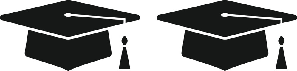 Black Silhouettes of Graduation Caps and Gowns with Tassels Representing Academic Achievement and Educational Ceremony on White Background