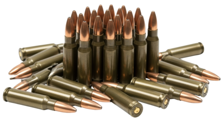 Isolated heap of rifle bullets, ammunition for hunting or shooting practice, in bulk