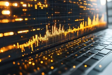 A laptop displays glowing digital data streams and charts, conveying technology and analytics