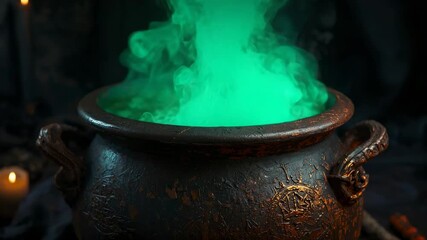Pulsing neon green glow inside metal cauldron, rising mist in stone chamber with lit candle, logs - Powered by Adobe