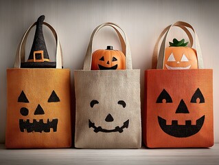 Minimalist Halloween Cardboard Shopping Bags: 3 Bags with Halloween-Themed Cutouts, White Background & Central Halloween Decoration (Product Photography)