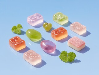 Vibrant Flat Lay Arrangement Of Assorted Jelly Candies On A Light Blue Surface