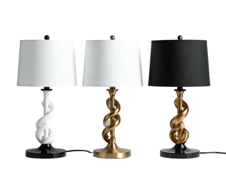 Three table lamps in white, gold, and black - Powered by Adobe