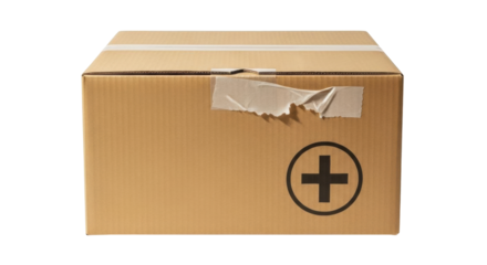 Isolated cardboard box sealed with tape, displaying a medical plus symbol for delivery or shipping