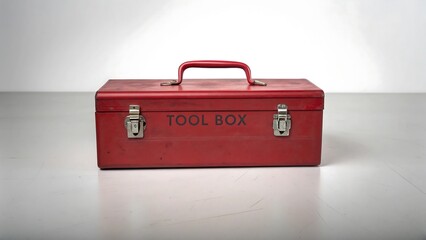 Red metal toolbox with handle and latches on gray surface representing repair equipment, maintenance, and industrial work concept  
