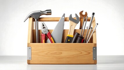 Wooden toolbox filled with various hand tools including hammer, saw, wrench, and screwdrivers representing repair and maintenance concept  
