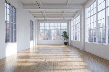Obraz premium Empty, sunlit loft with large windows offering a cityscape view. Wooden floor and potted plant