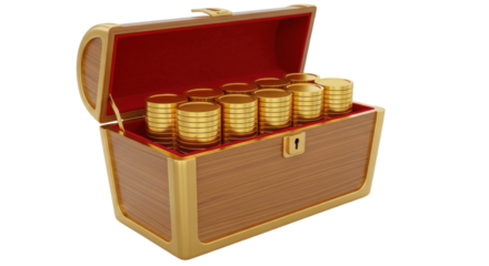 Isolated treasure chest overflowing with golden coins treasure vintage wooden box gold coins