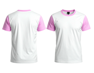 Front and back view of a white t-shirt with pink trim