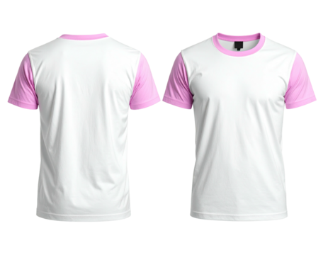 Front and back view of a white t-shirt with pink trim