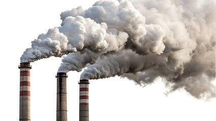 Industrial chimneys emitting thick smoke into the air representing pollution, environmental impact, and climate change concept  
