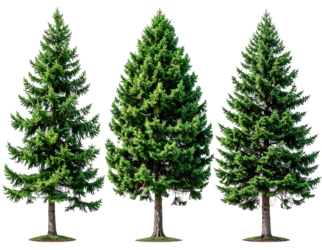 Three evergreen trees, full,  standing tall against black