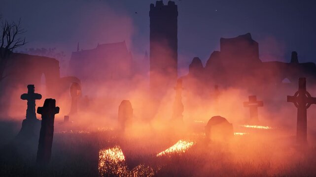 Halloween. Activating a portal to summon a demon in an abandoned old cemetery. 3D rendering.