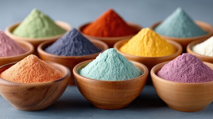 Vibrant Powdered Spices in Rustic Wooden Bowls on a Gray Surface
