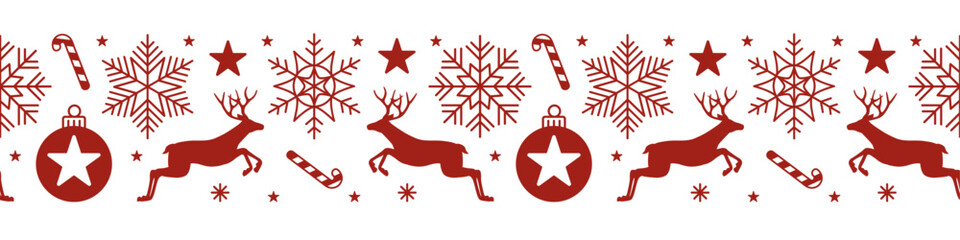 Vector red decorative christmas horizontal seamless pattern with deer, snowflakes, stars and ornaments